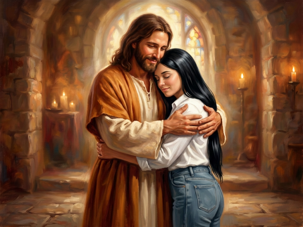 A man in a robe warmly embracing a woman in a blue dress inside a stone chapel with candles