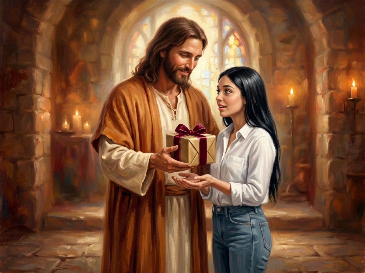 A man in a robe warmly embracing a woman in a blue dress inside a stone chapel with candles