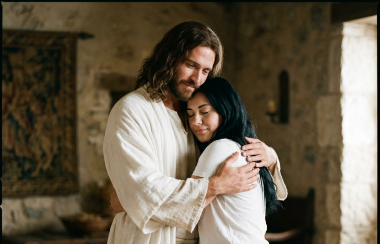 Man wearing a light robe embracing a woman with closed eyes indoors.