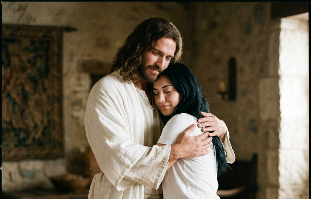 Man wearing a light robe embracing a woman with closed eyes indoors.