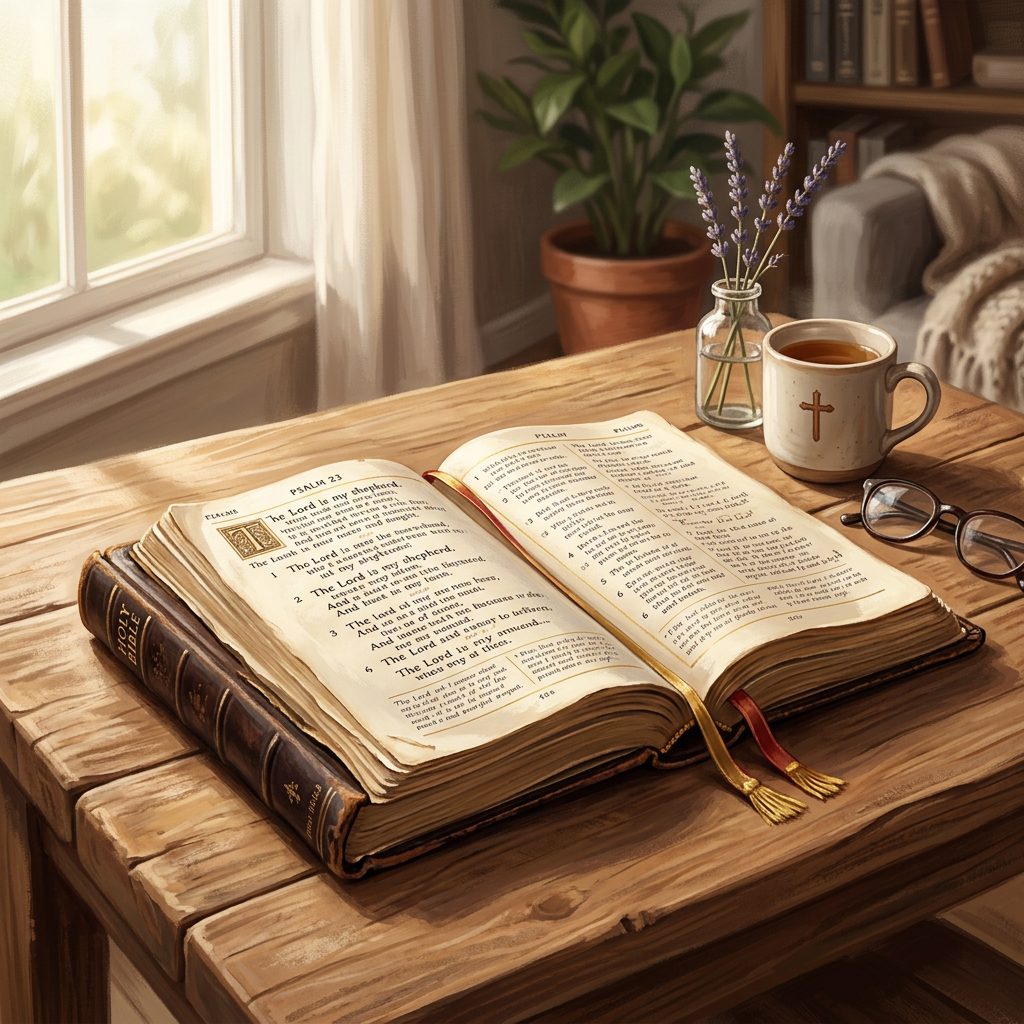 Open Bible on a wooden table with tea cup, glasses, and lavender in a jar