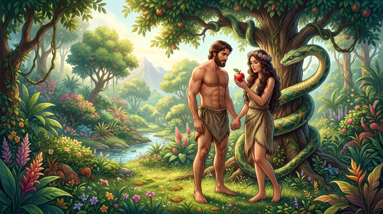 Adam and Eve stand in a lush garden beside a serpent-wrapped fruit tree